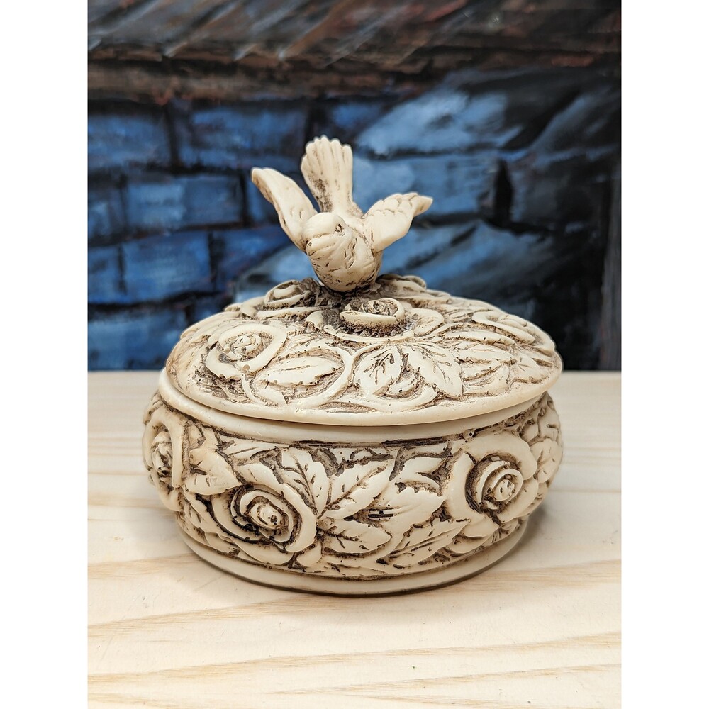 Giannetti Resin Trinket box BIRD Carved 50s Art Roses Leaves Made Italy Floral